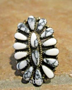 1.5 Vintage Navajo Sterling Petit Point WHITE BUFFALO TURQUOISE Ring Size 5.5