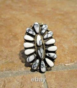 1.5 Vintage Navajo Sterling Petit Point WHITE BUFFALO TURQUOISE Ring Size 5.5