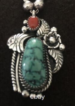 16 Vintage Navajo Turquoise Coral Sterling Silver Tube Bead Necklace L R Tom