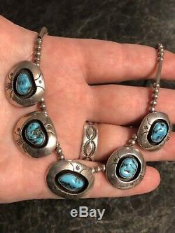 17 Vintage Navajo Sterling Silver Turquoise 5 Pendant Necklace Signed RG