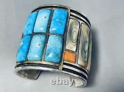 177 Gram Monster Vintage Navajo Turquoise Coral Sterling Silver Bracelet