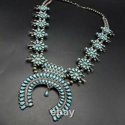 1940s Vintage NAVAJO Sterling Silver TURQUOISE CLUSTER Squash Blossom NECKLACE