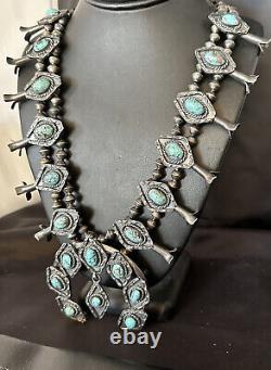 1950 Vintage Bisbee Turquoise Silver Squash Necklace Pendant Navajo 14484