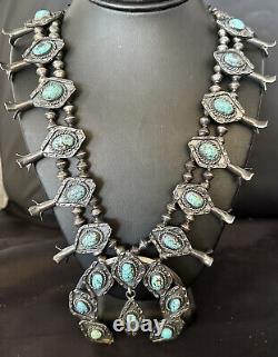 1950 Vintage Bisbee Turquoise Silver Squash Necklace Pendant Navajo 14484