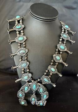 1950 Vintage Bisbee Turquoise Silver Squash Necklace Pendant Navajo 14484