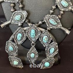 1950 Vintage Bisbee Turquoise Silver Squash Necklace Pendant Navajo 14484