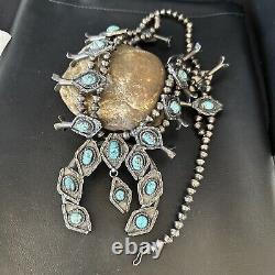 1950 Vintage Bisbee Turquoise Silver Squash Necklace Pendant Navajo 14484