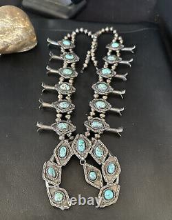 1950 Vintage Bisbee Turquoise Silver Squash Necklace Pendant Navajo 14484