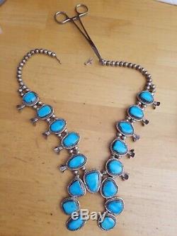 1970's Vintage Navajo Sleeping Beauty Turquoise Squash Blossom Necklace