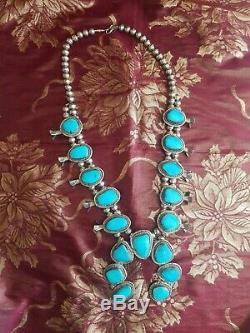 1970's Vintage Navajo Sleeping Beauty Turquoise Squash Blossom Necklace