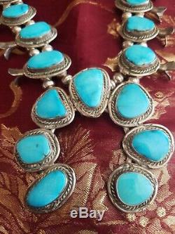 1970's Vintage Navajo Sleeping Beauty Turquoise Squash Blossom Necklace