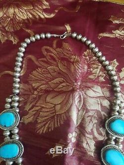 1970's Vintage Navajo Sleeping Beauty Turquoise Squash Blossom Necklace