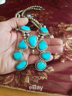 1970's Vintage Navajo Sleeping Beauty Turquoise Squash Blossom Necklace