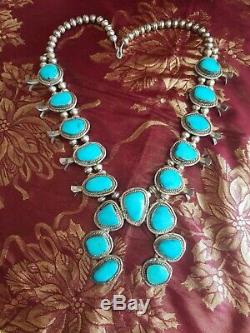 1970's Vintage Navajo Sleeping Beauty Turquoise Squash Blossom Necklace