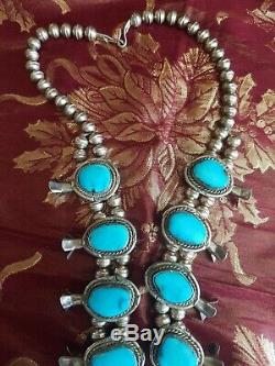 1970's Vintage Navajo Sleeping Beauty Turquoise Squash Blossom Necklace