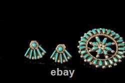 2 Vintage Collection Of Zuni Petit Point Turquoise Sterling Earrings Pendant Pin