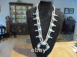 26 OLDER Vintage Navajo Sterling BLUE GEM Turquoise Squash Blossom Necklace