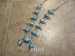 26 OLDER Vintage Navajo Sterling BLUE GEM Turquoise Squash Blossom Necklace