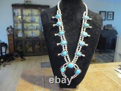 26 OLDER Vintage Navajo Sterling BLUE GEM Turquoise Squash Blossom Necklace