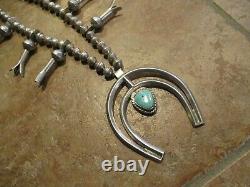 28 OLDER Vintage Navajo Sterling Silver Turquoise SQUASH BLOSSOM Necklace