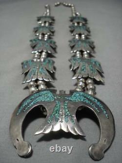 290 Gram Vintage Navajo Sterling Silver Bird Turquoise Squash Blossom Necklace