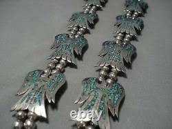 290 Gram Vintage Navajo Sterling Silver Bird Turquoise Squash Blossom Necklace