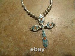 30 VIBRANT Vintage Navajo Sterling Silver Turquoise / Coral Cross Necklace
