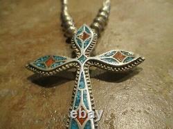 30 VIBRANT Vintage Navajo Sterling Silver Turquoise / Coral Cross Necklace