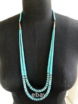 32 VTG Navajo Sterling Floral Beads Heishi Turquoise Stone Dbl Strand Necklace