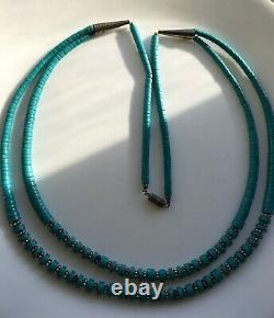 32 VTG Navajo Sterling Floral Beads Heishi Turquoise Stone Dbl Strand Necklace