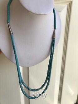 32 VTG Navajo Sterling Floral Beads Heishi Turquoise Stone Dbl Strand Necklace