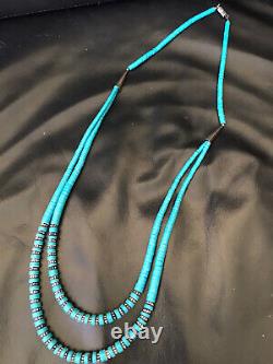 32 VTG Navajo Sterling Floral Beads Heishi Turquoise Stone Dbl Strand Necklace