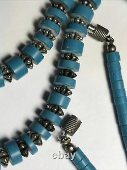 32 VTG Navajo Sterling Floral Beads Heishi Turquoise Stone Dbl Strand Necklace