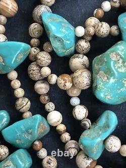 49 Long Old Vintage Navajo Turquoise Nuggets 1.25 Beads Sautoir Necklace 140gr