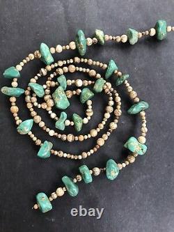 49 Long Old Vintage Navajo Turquoise Nuggets 1.25 Beads Sautoir Necklace 140gr