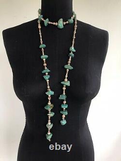 49 Long Old Vintage Navajo Turquoise Nuggets 1.25 Beads Sautoir Necklace 140gr