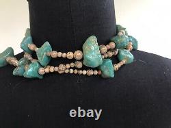 49 Long Old Vintage Navajo Turquoise Nuggets 1.25 Beads Sautoir Necklace 140gr