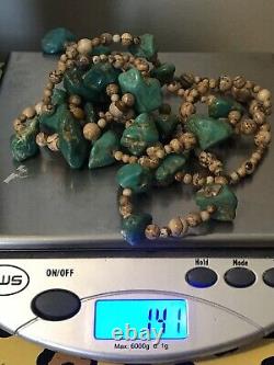 49 Long Old Vintage Navajo Turquoise Nuggets 1.25 Beads Sautoir Necklace 140gr