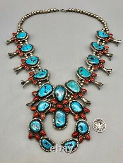 A Bold, Vintage Turquoise and Coral Squash Blossom Necklace
