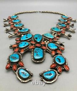 A Bold, Vintage Turquoise and Coral Squash Blossom Necklace