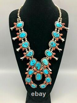 A Bold, Vintage Turquoise and Coral Squash Blossom Necklace