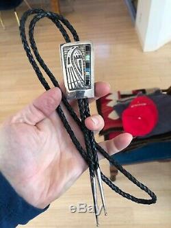 A+ Vintage Signed Hopi Inlay & Silver Thunderbird Bolo Tie Pendant