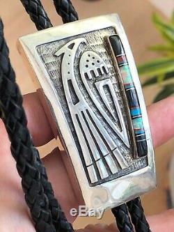 A+ Vintage Signed Hopi Inlay & Silver Thunderbird Bolo Tie Pendant