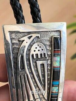 A+ Vintage Signed Hopi Inlay & Silver Thunderbird Bolo Tie Pendant