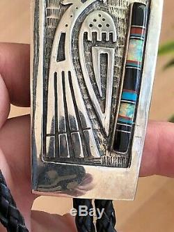 A+ Vintage Signed Hopi Inlay & Silver Thunderbird Bolo Tie Pendant