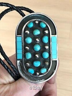 A+ Vintage Signed Jobeth Mayes Native American Zuni Turquoise & Silver Bolo Tie