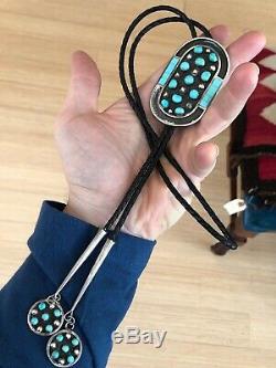 A+ Vintage Signed Jobeth Mayes Native American Zuni Turquoise & Silver Bolo Tie