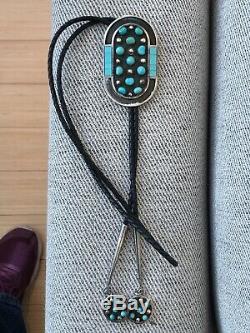 A+ Vintage Signed Jobeth Mayes Native American Zuni Turquoise & Silver Bolo Tie