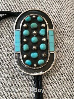 A+ Vintage Signed Jobeth Mayes Native American Zuni Turquoise & Silver Bolo Tie