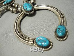 Amazing Vintage Navajo Blue Turquoise Sterling Silver Squash Blossom Necklace